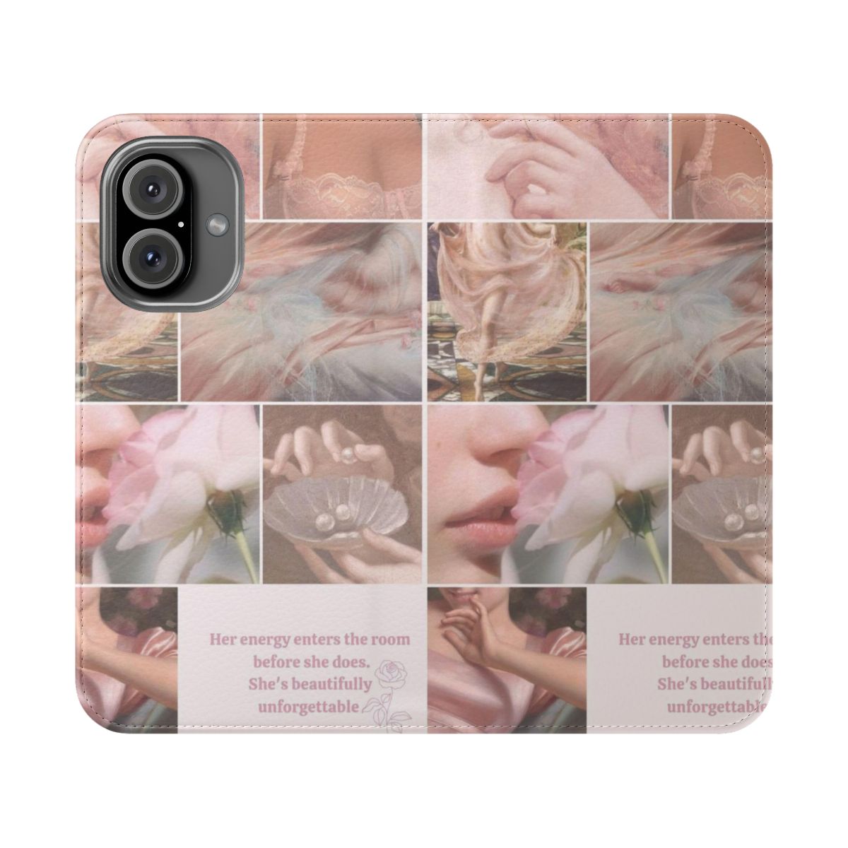 Elegant woman flip cover phone case featuring classical art and design