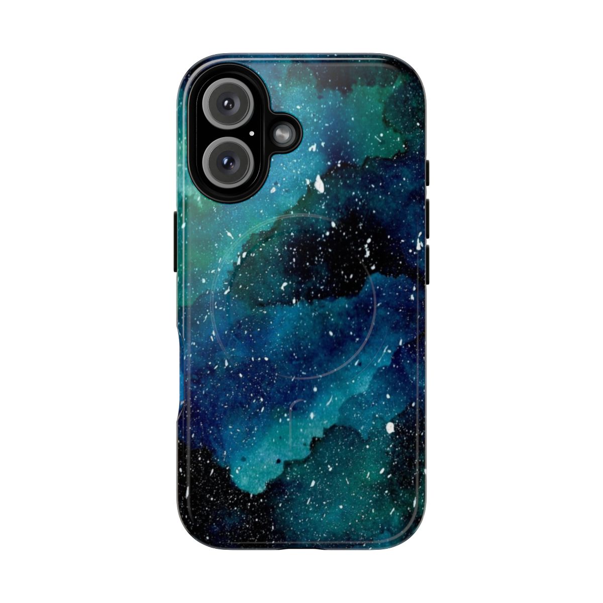 Emerald Cosmic Galaxy Phone Case with a vibrant, natural design featuring stars, planets, and a watercolor-inspired aesthetic.