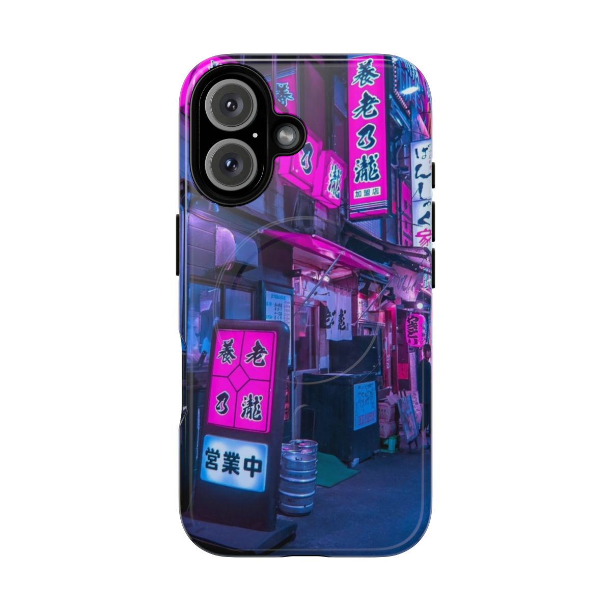 Colorful neon lights and buildings in the Shinjuku Omoide Yokocho alley, Tokyo, featured on a retro futuristic phone case.