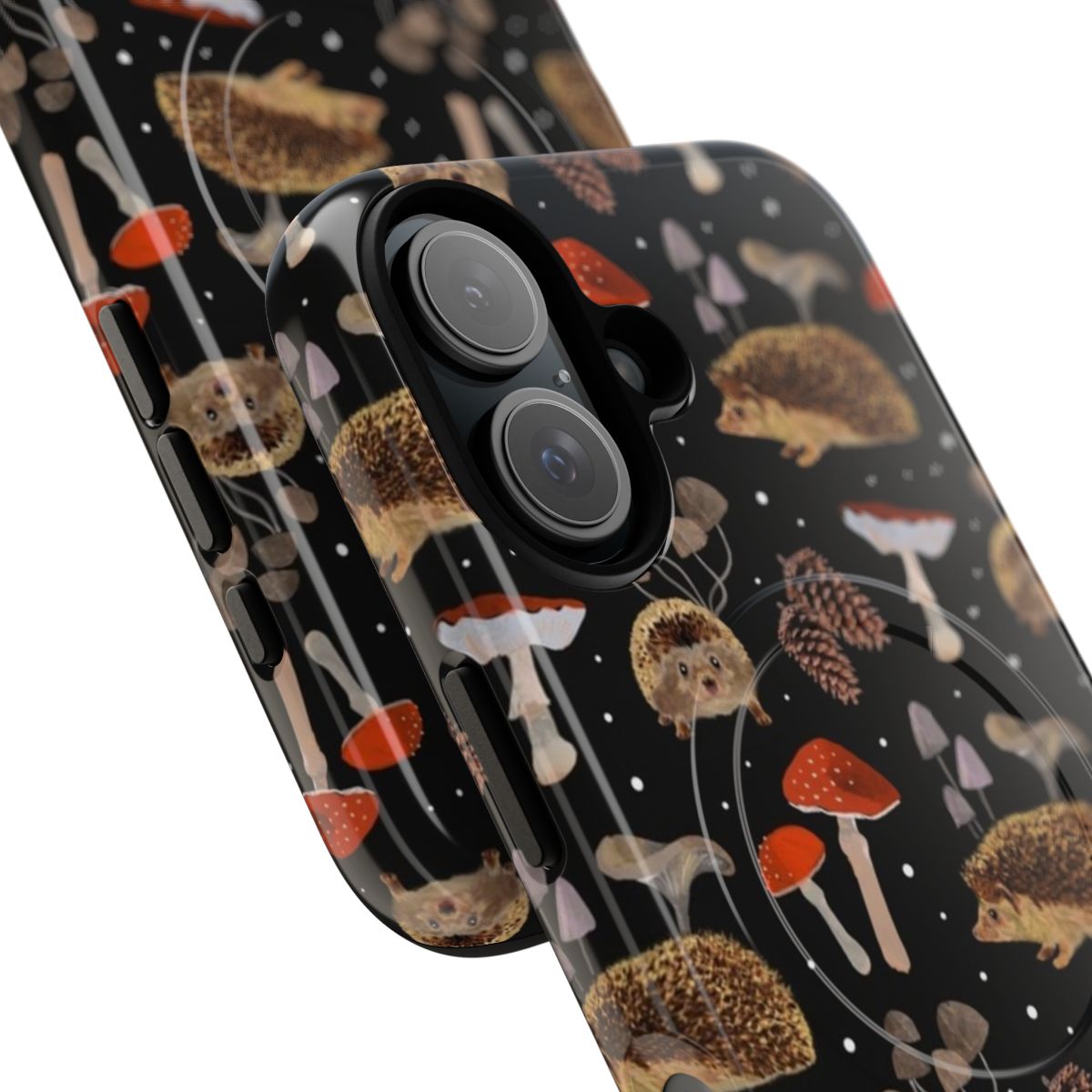 A vibrant phone case featuring a whimsical illustration of hedgehogs and mushrooms in an autumn-inspired pattern. - Detail