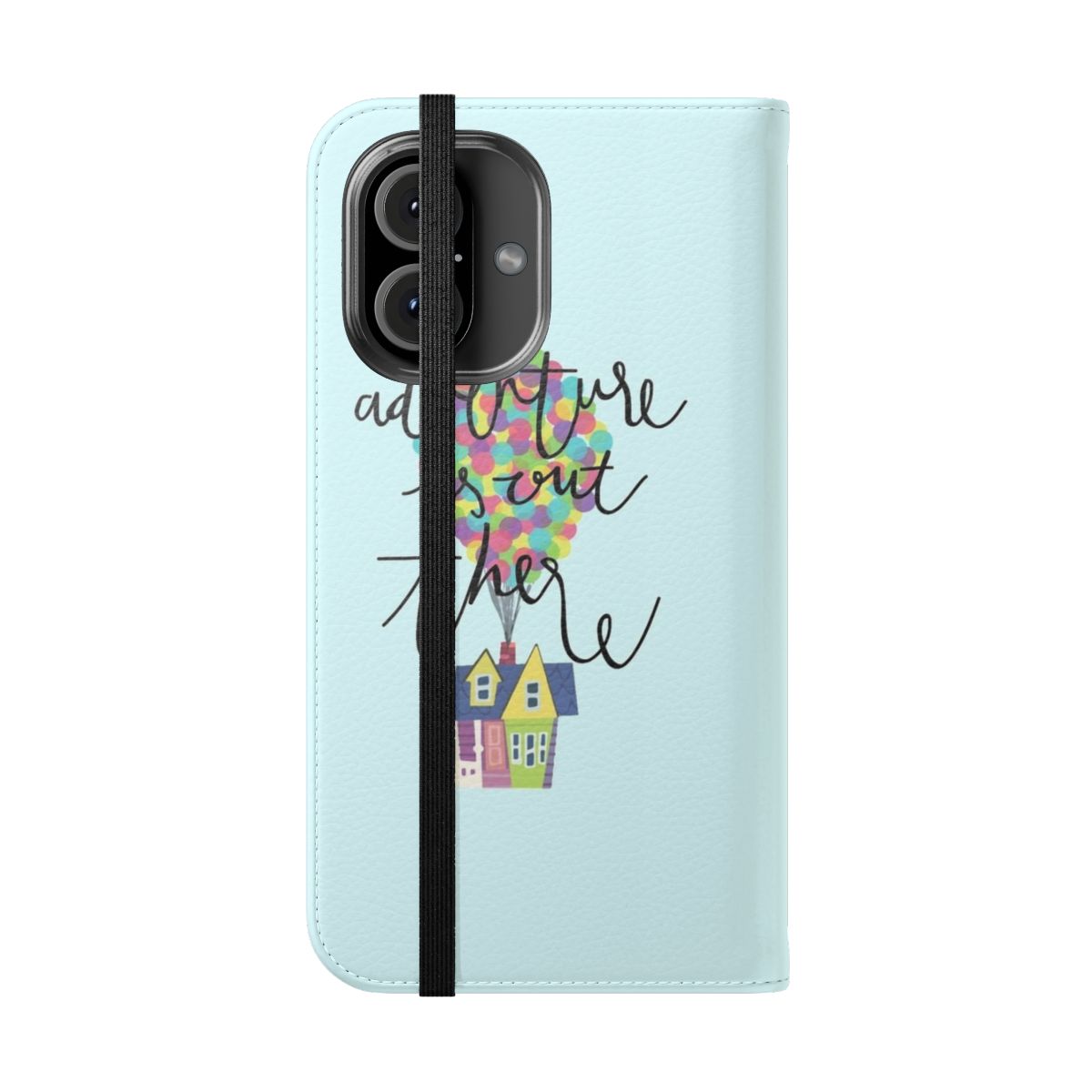 Whimsical phone case featuring hand-lettered adventure design with Disney-inspired balloons and house - Folded Front