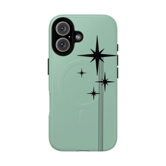 Retro starburst phone case in mint green and black with a magnetic tough design