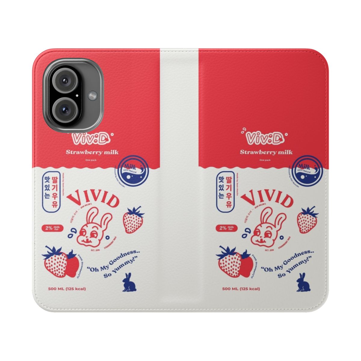 Vivid strawberry milk carton inspired phone case with flip cover design