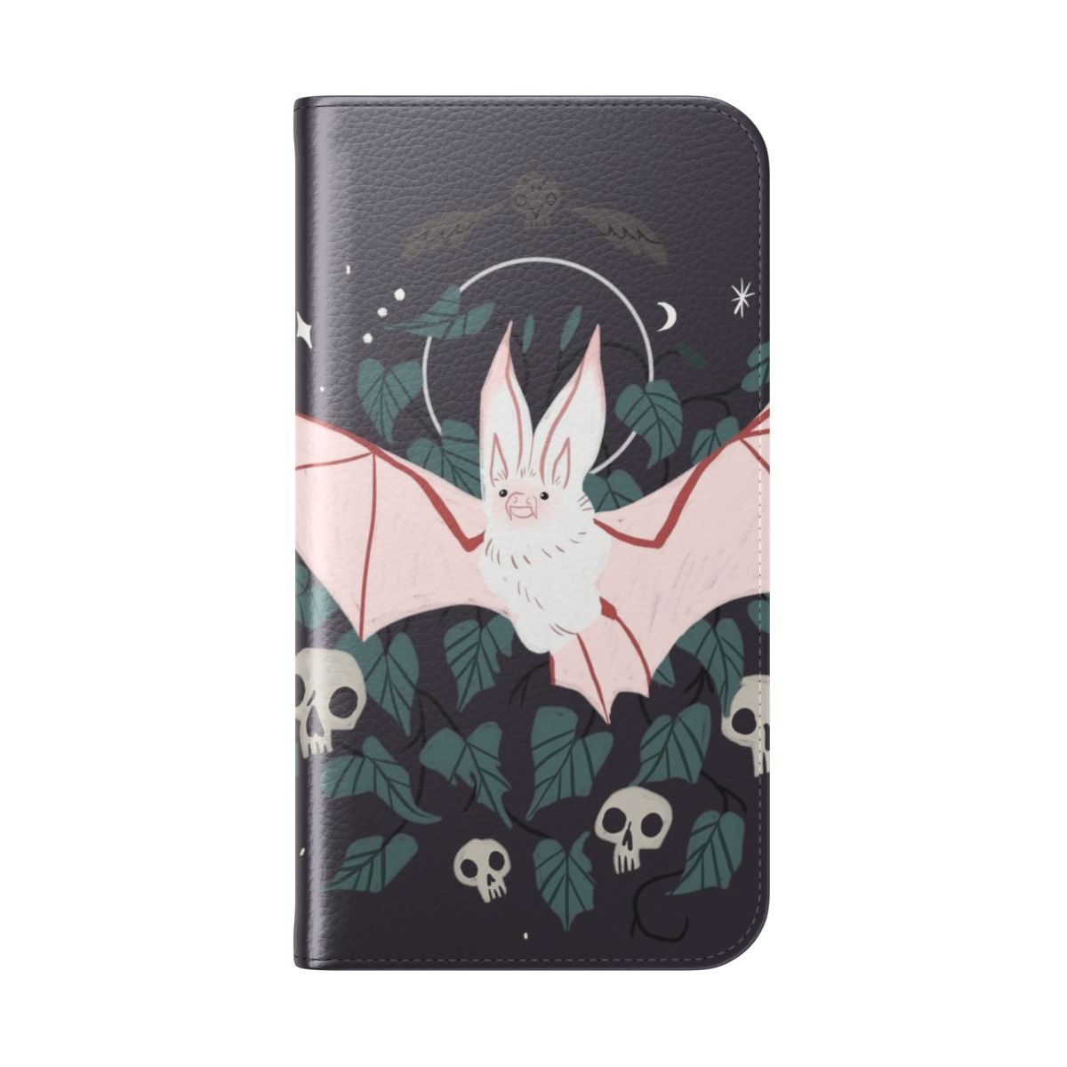 A flip cover phone case featuring a desert long-eared bat in a spooky, witchy design. - Folded Back