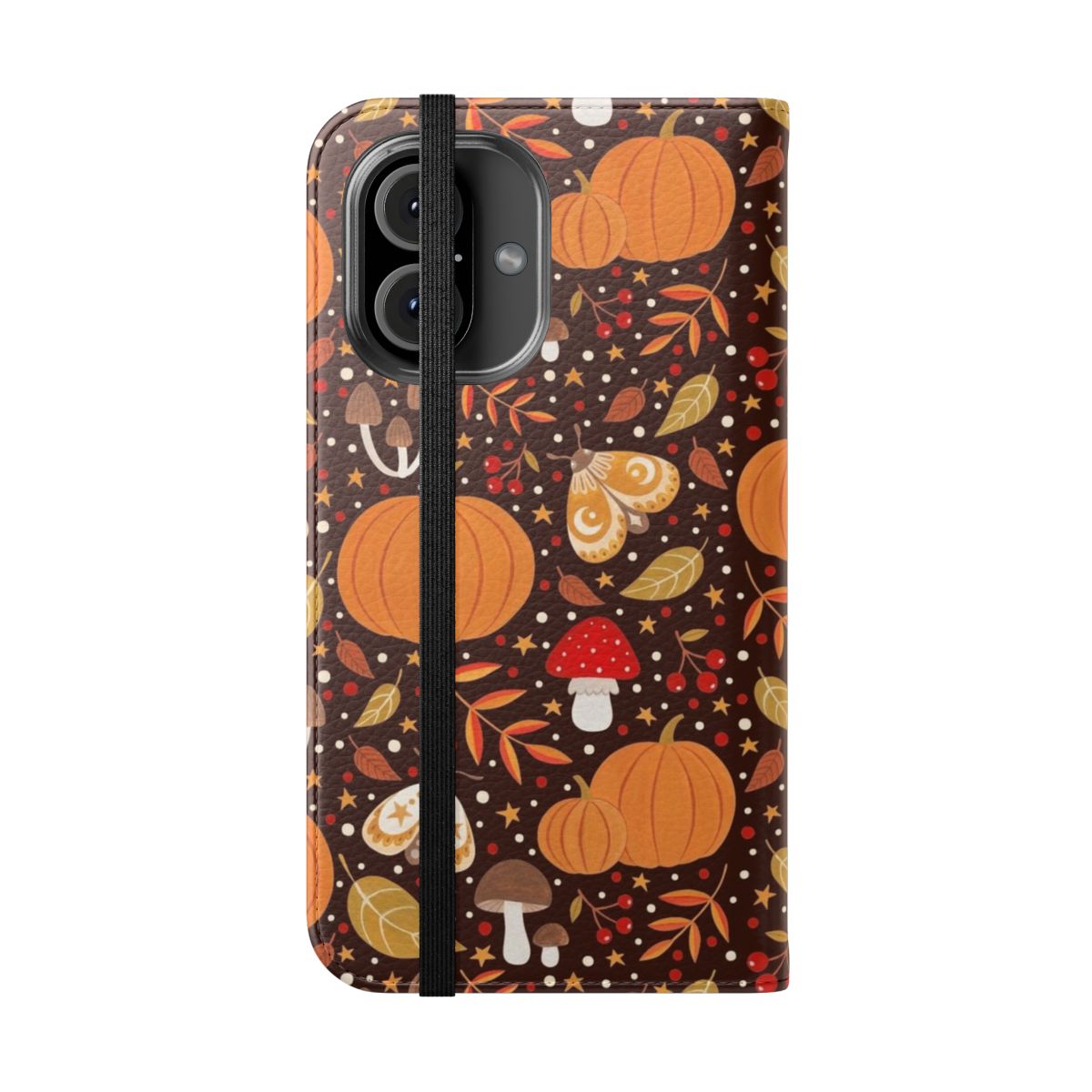 Autumn elements phone case with leaves, berries, pumpkins, and nature motifs - Folded Front