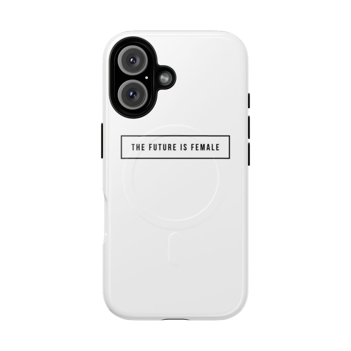 Feminist phone case with "The future is female" text and magnetic features