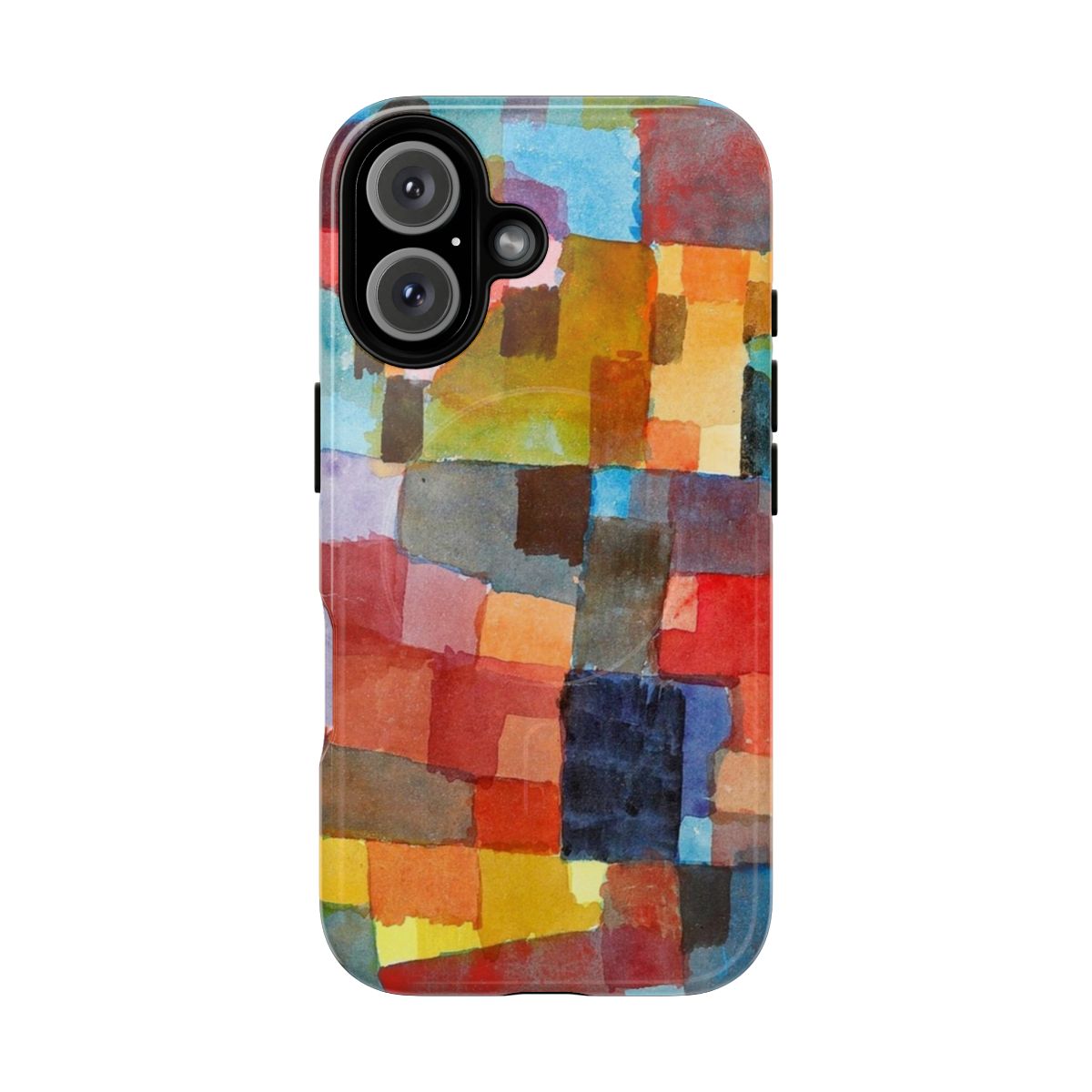 Vibrant abstract phone case design inspired by the art of Paul Klee