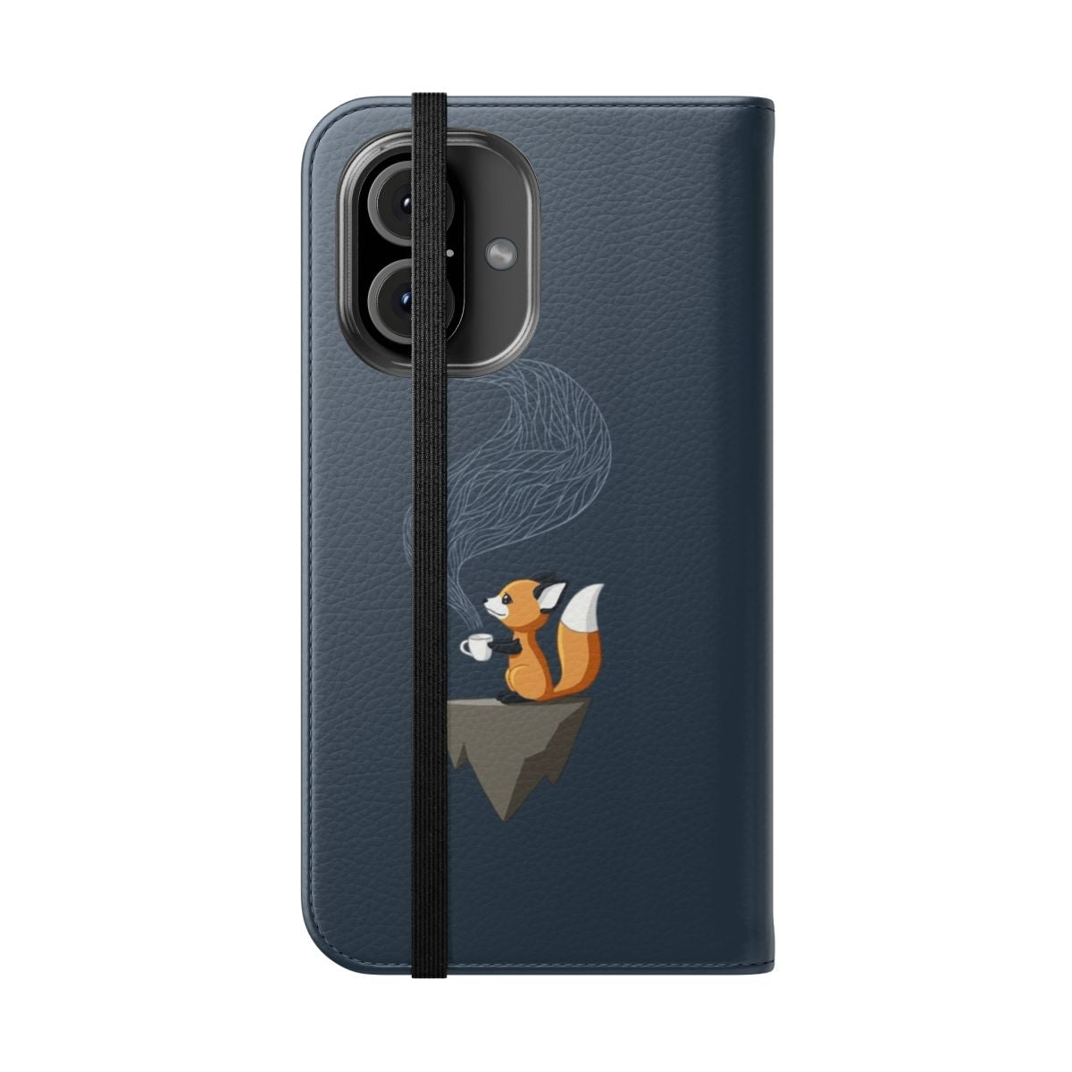 An orange and blue phone case featuring a cute, smiling fox sitting with a cup of tea in a fantastical, anime-inspired design. - Folded Front