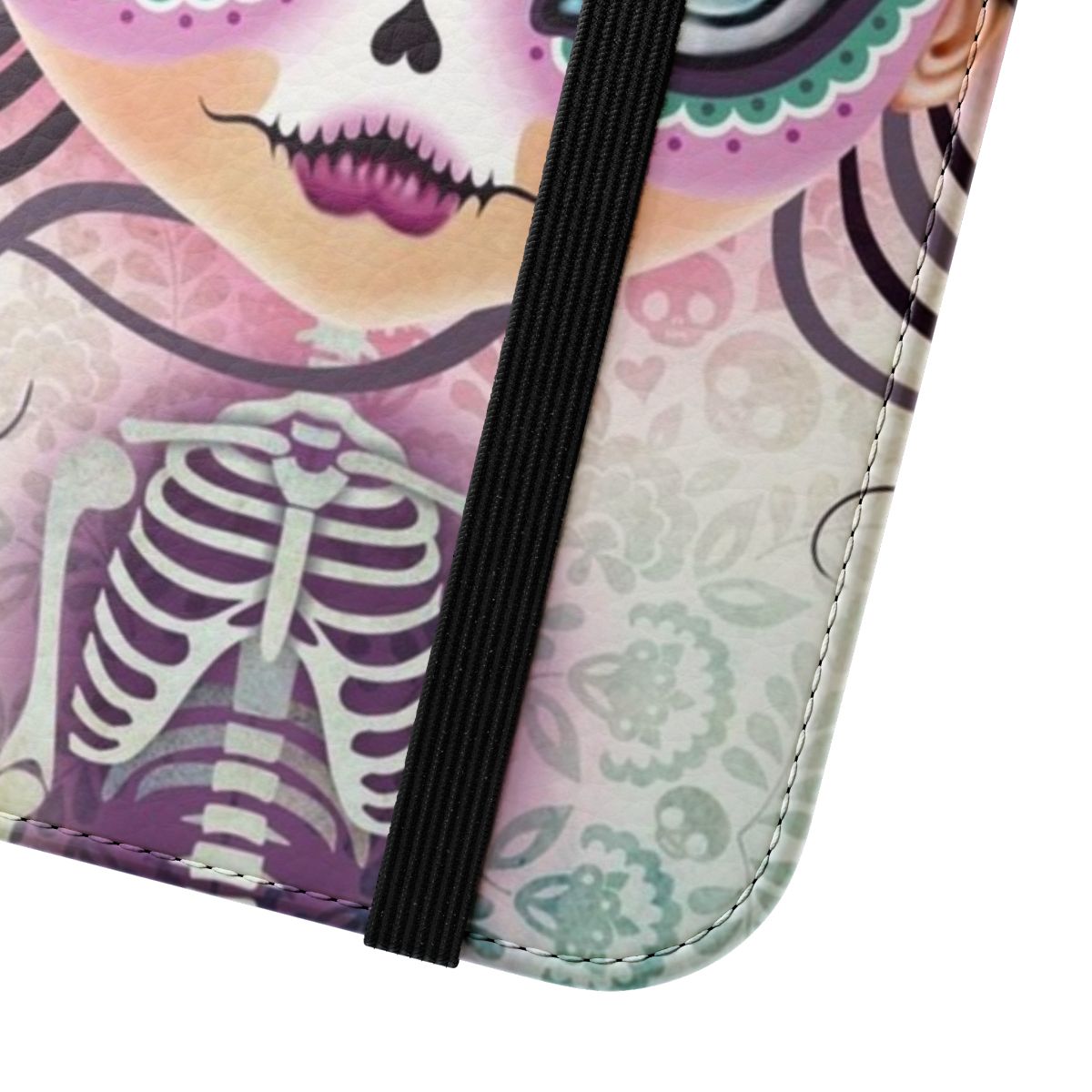 A vibrant sugar skull-inspired flip phone case with a gothic, boho-chic design. - Close Up