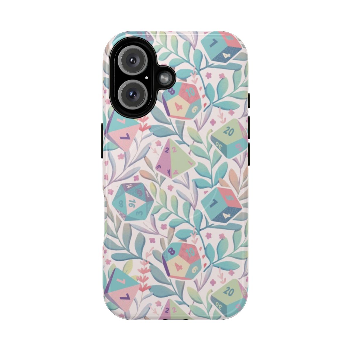 Pastel floral and nature inspired DND dice set in a magnetic tough phone case