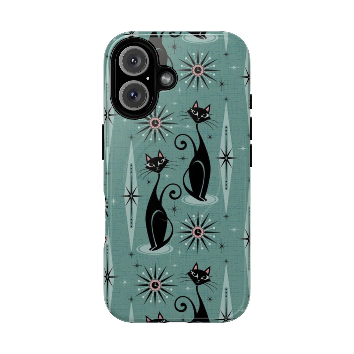 A phone case featuring a mid century modern design with black cats and atomic starburst patterns.