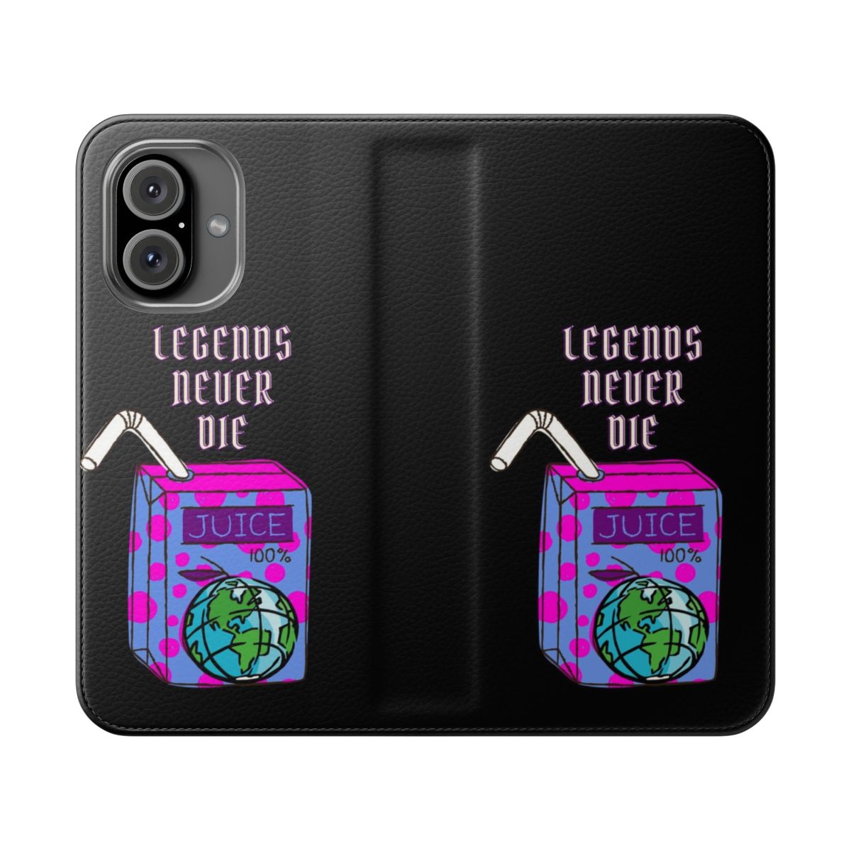 Flip phone case featuring a hip hop inspired design with a legend graphic and drinking straw