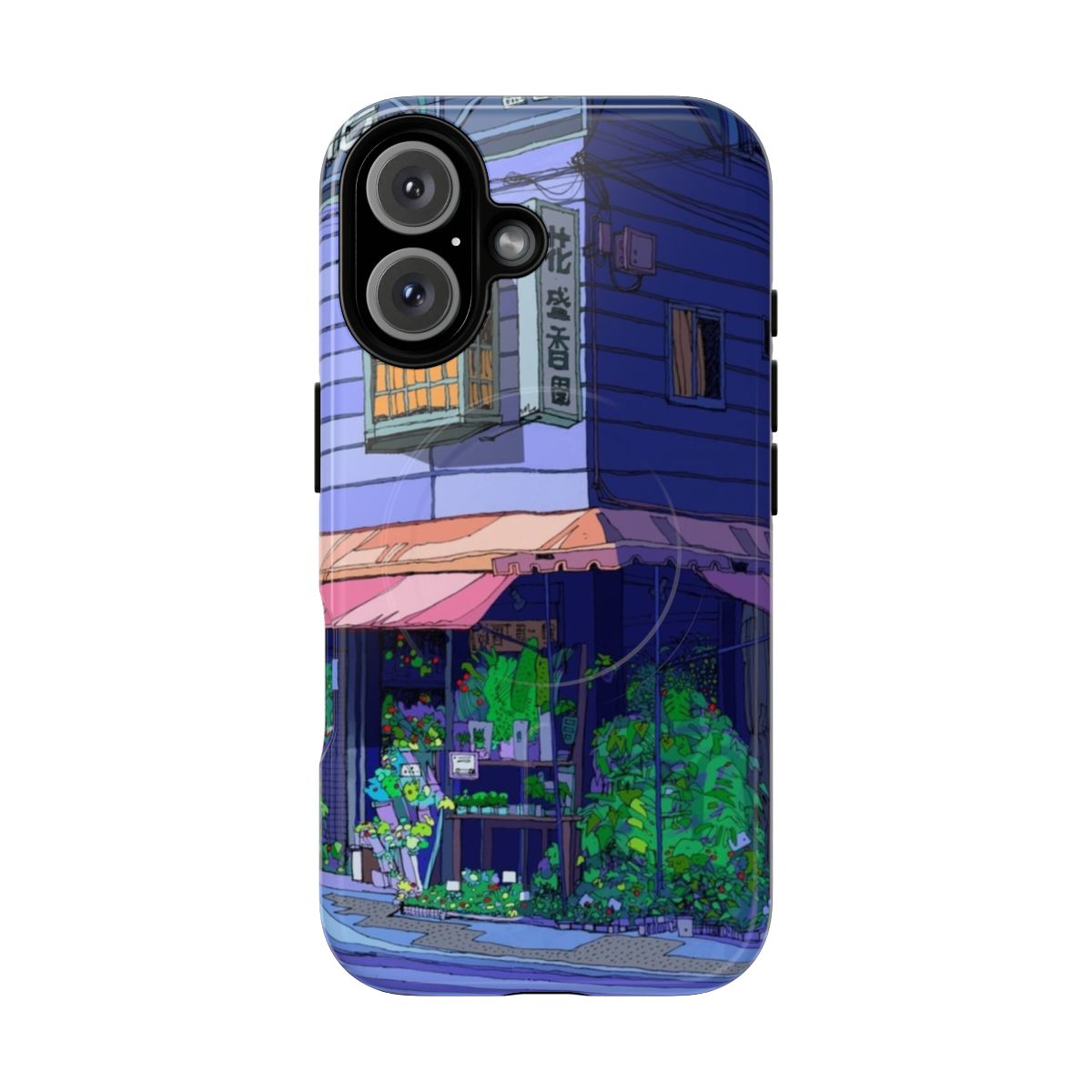 Colorful phone case featuring a vibrant Tokyo flower shop urban landscape