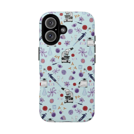 Phone case with science-themed design featuring microscopes, beakers, and blood cells