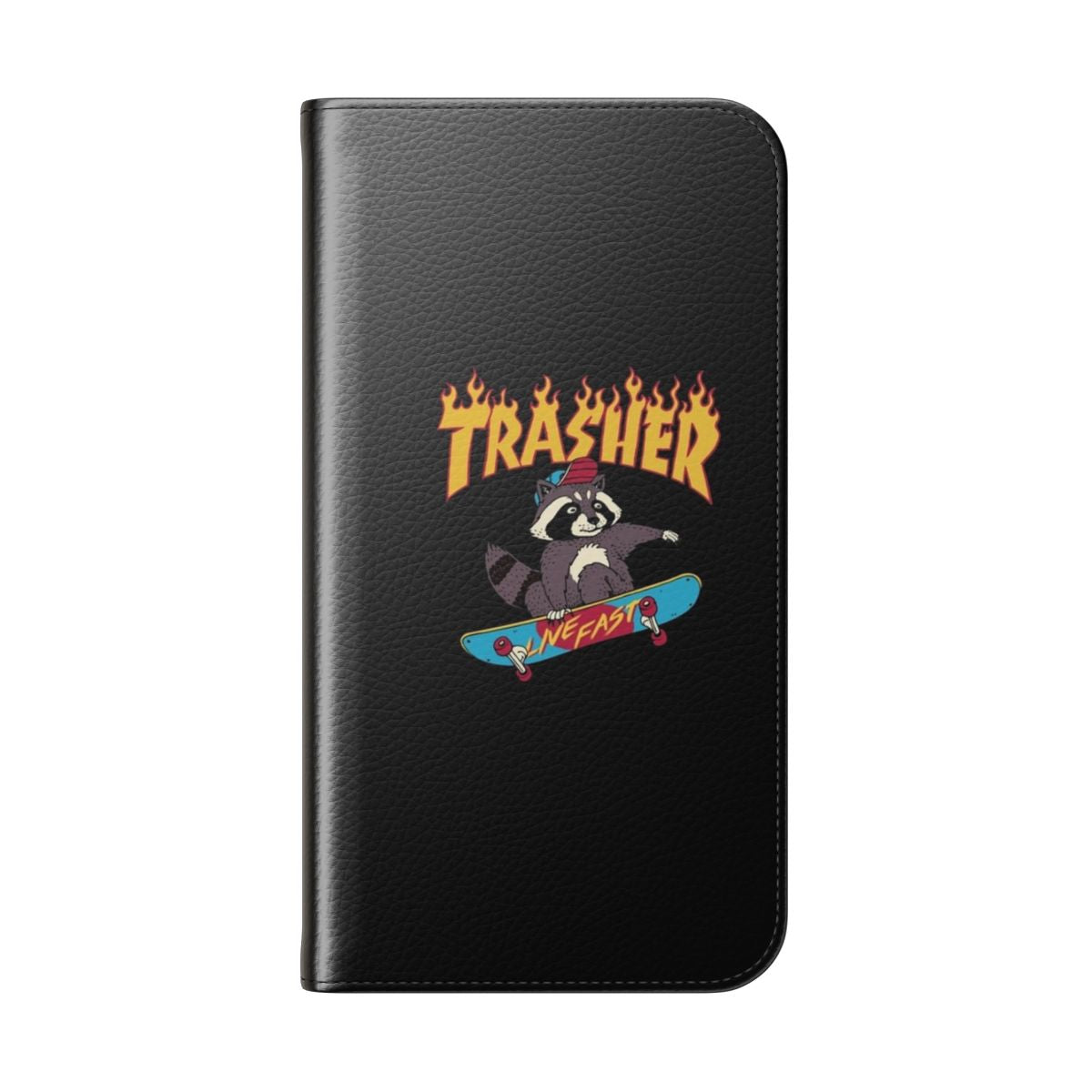 Retro skate inspired flip cover phone case with raccoon and trash design - Folded Back