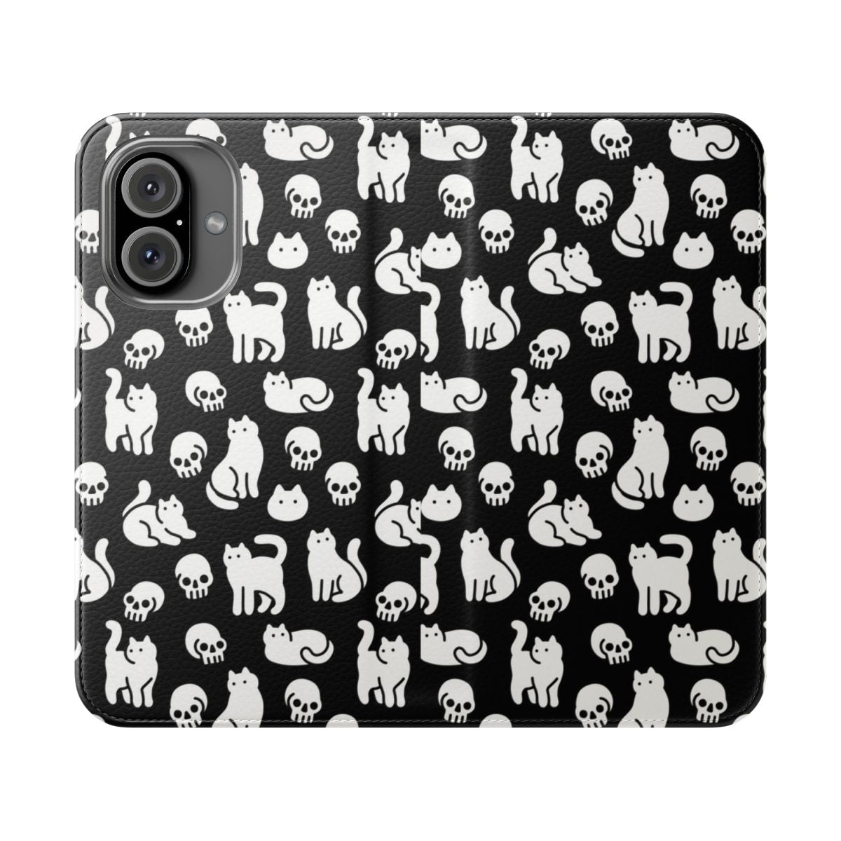 A stylish flip phone case featuring a cute and spooky cat and skull pattern design.