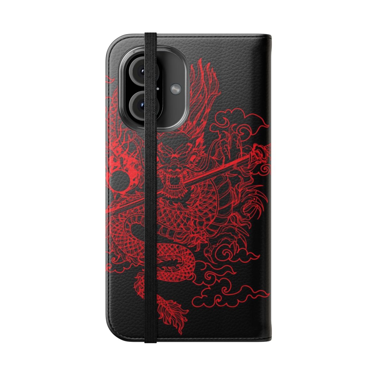 Flip phone case featuring a detailed red dragon design on a black background - Folded Front