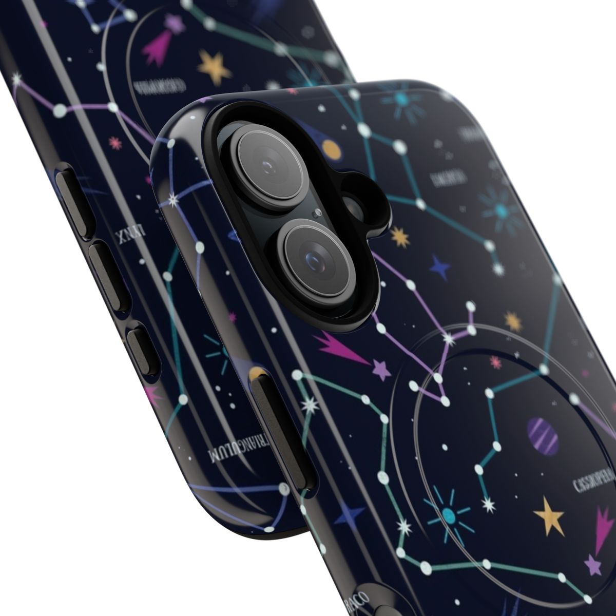 A phone case featuring a starry night sky design with galaxies, constellations, and celestial elements. - Detail