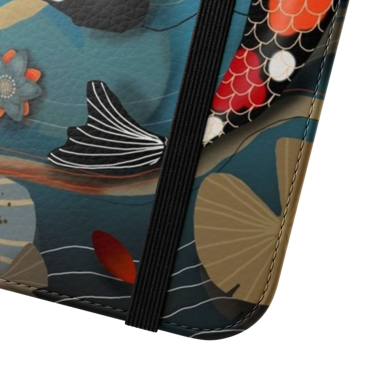 Colorful illustration of koi fish swimming in a lush water garden, featured on a phone case. - Close Up