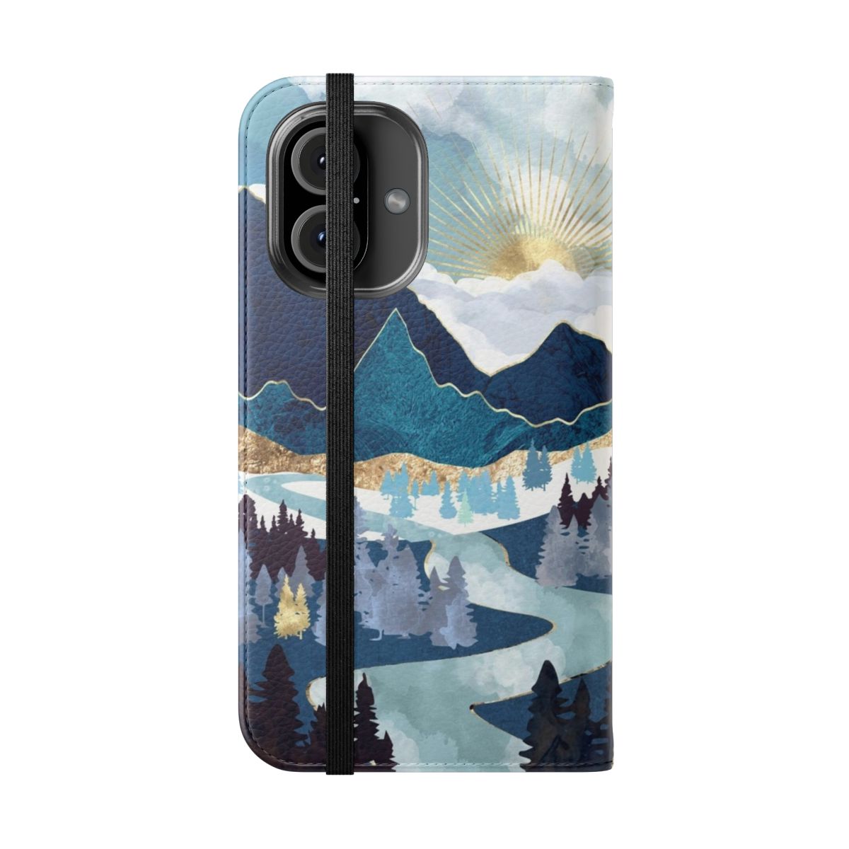 A vibrant and scenic phone case featuring a serene valley sunrise landscape design. - Folded Front