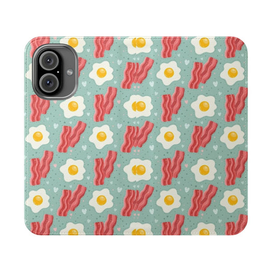 A colorful flip cover phone case featuring a design of scrambled eggs and crispy bacon.