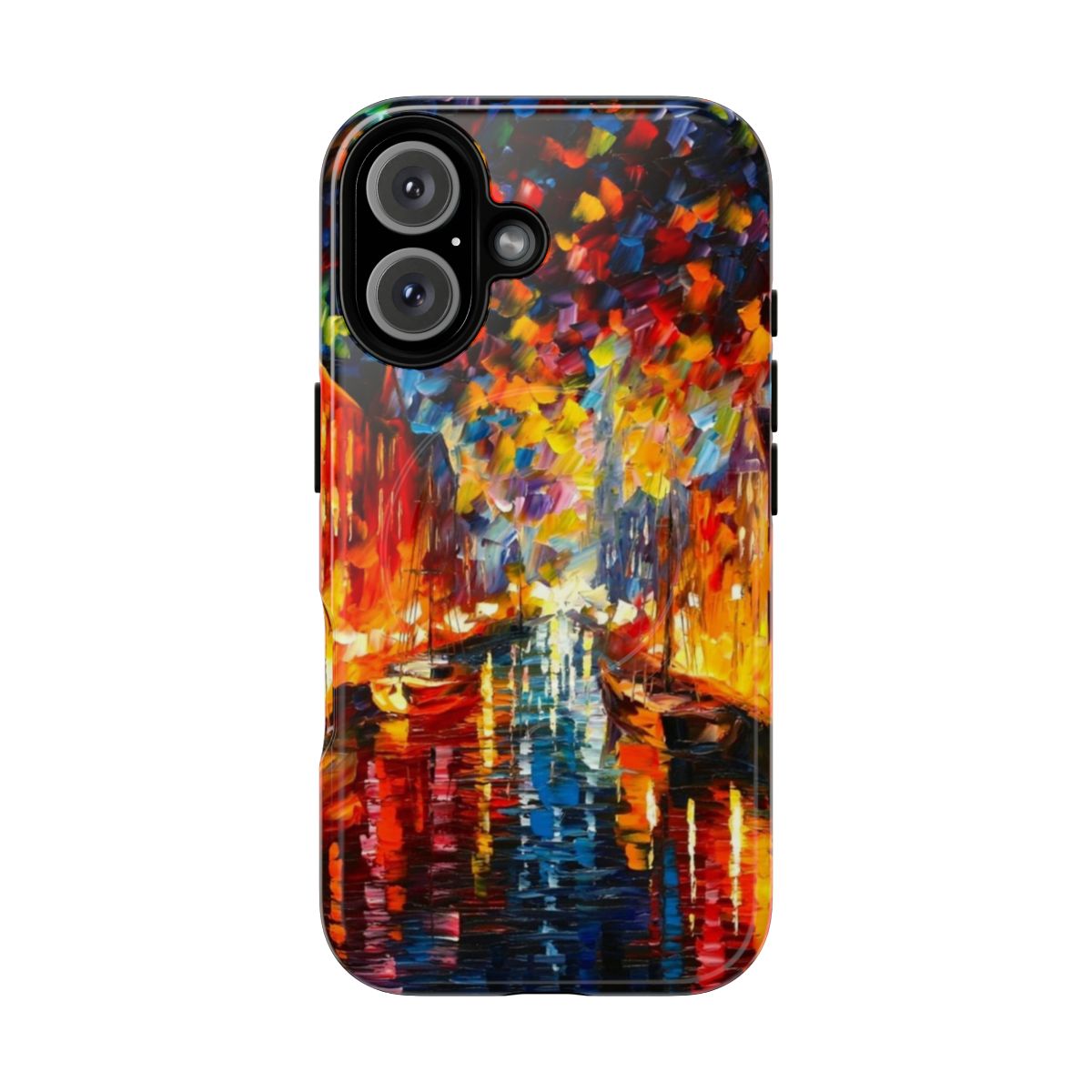 Decorative phone case featuring a Leonid Afremov-inspired painting of the Copenhagen cityscape at night.