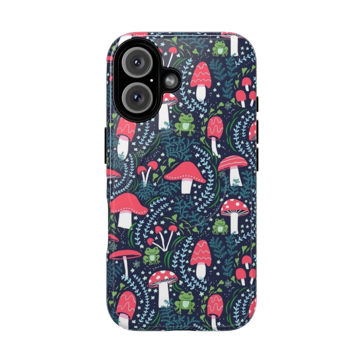 Colorful phone case featuring illustrated mushrooms, toadstools, and frogs in a woodland setting