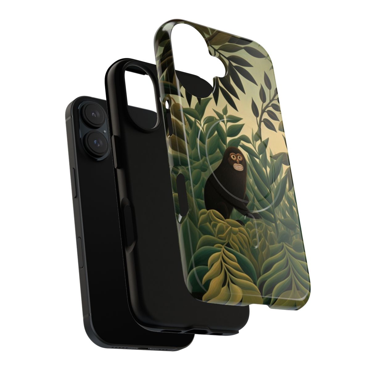 Artistic phone case featuring a playful monkey in a lush, tropical jungle scene, inspired by Henri Rousseau's distinctive painting style. - Layers