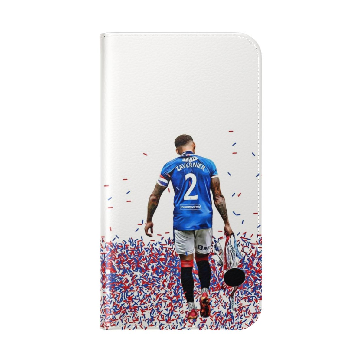 Flip cover phone case featuring an image of Rangers FC captain James Tavernier and the club's 55th league title trophy - Folded Back