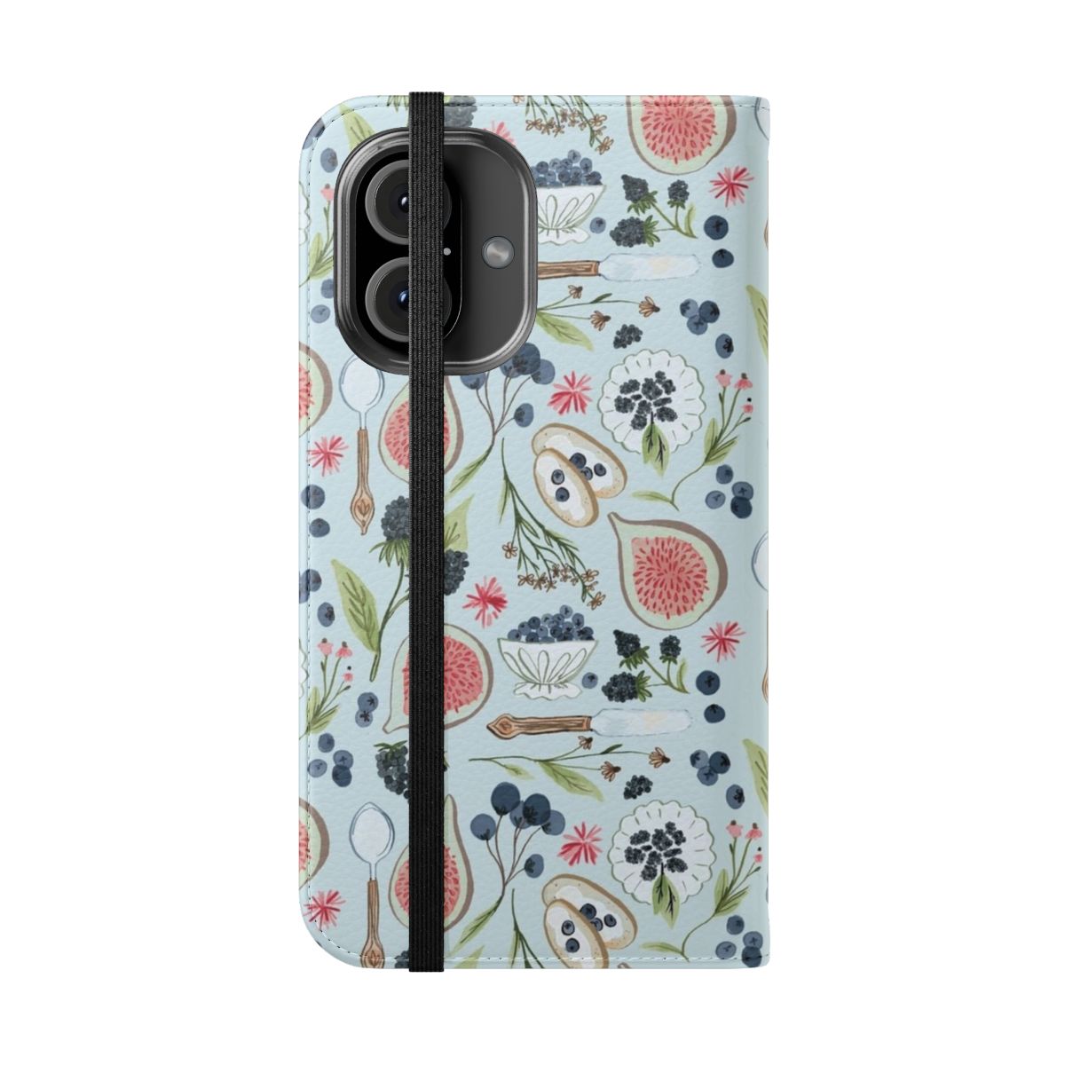 Vibrant watercolor illustration of blueberries, figs, and other breakfast ingredients on a blue and pink floral phone case cover. - Folded Front