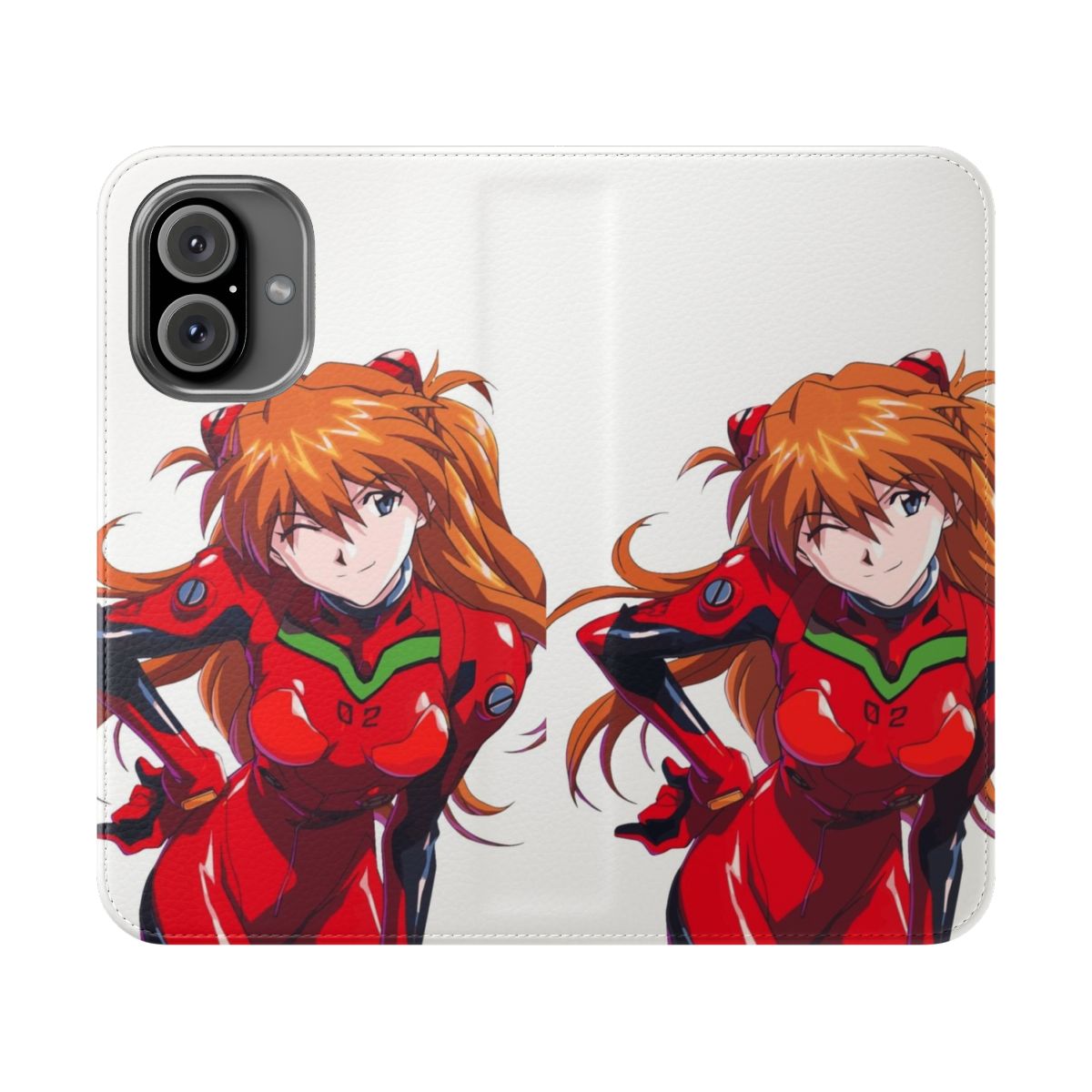 Asuka Langley inspired anime phone case with flip cover design featuring Evangelion imagery