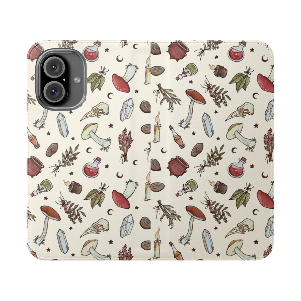 Vibrant witchy pattern phone case with magical elements like crystals, herbs, and a crescent moon.