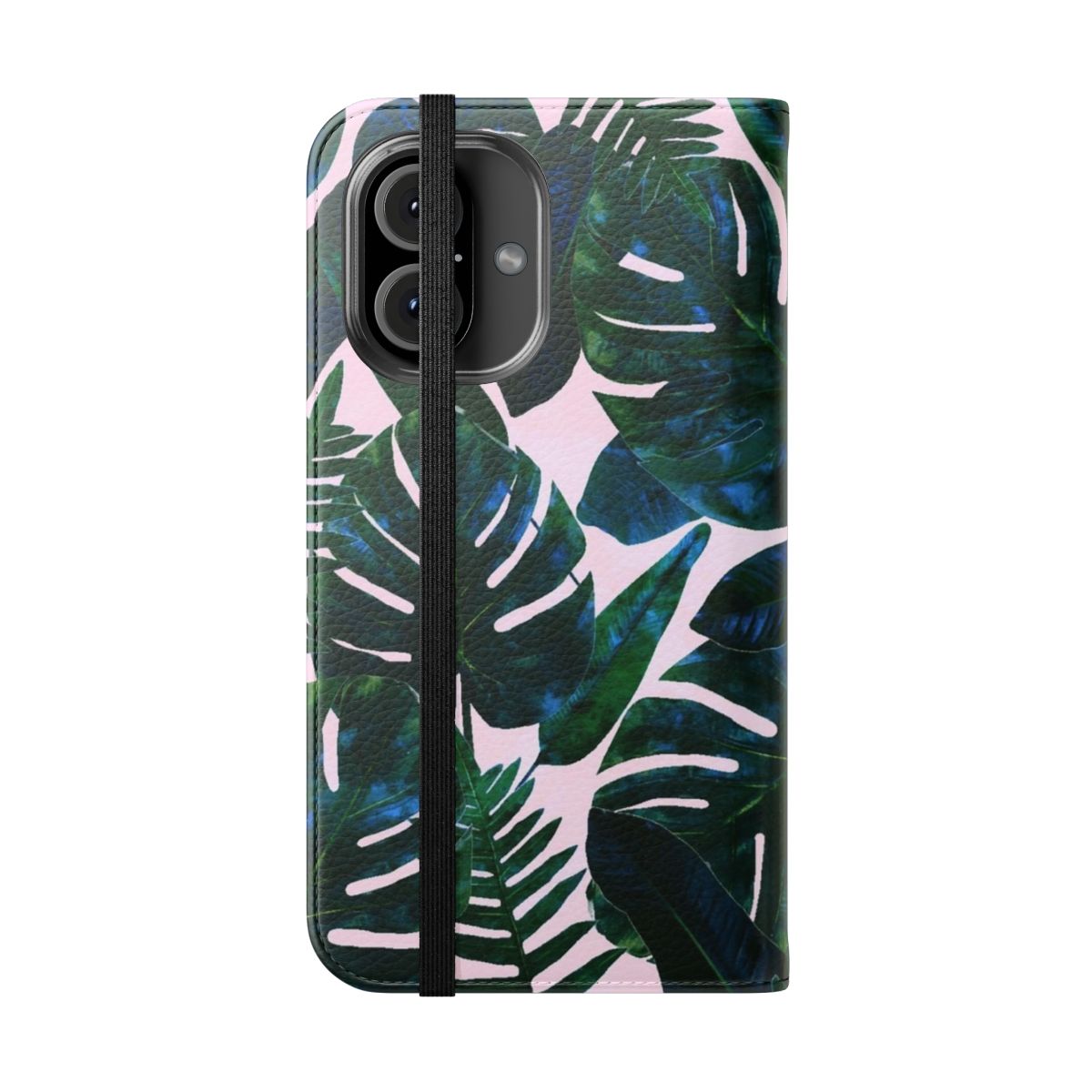 Flip cover phone case featuring a vibrant tropical botanical plants painting with palm leaves, monstera leaves, and banana leaves. - Folded Front