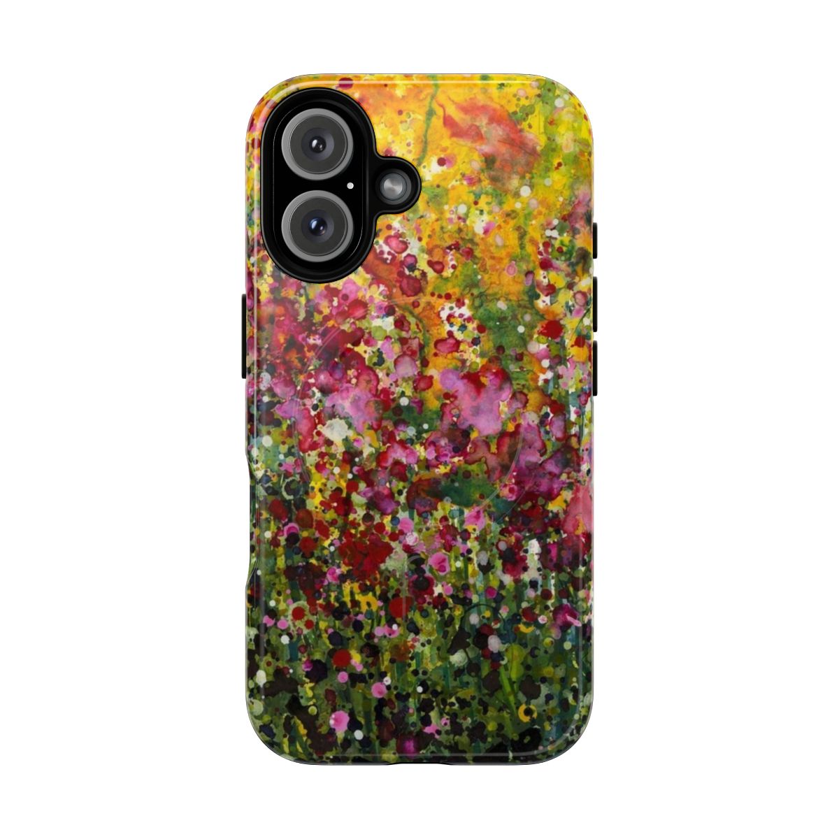 Close-up of a vibrant floral phone case with delicate botanical designs.