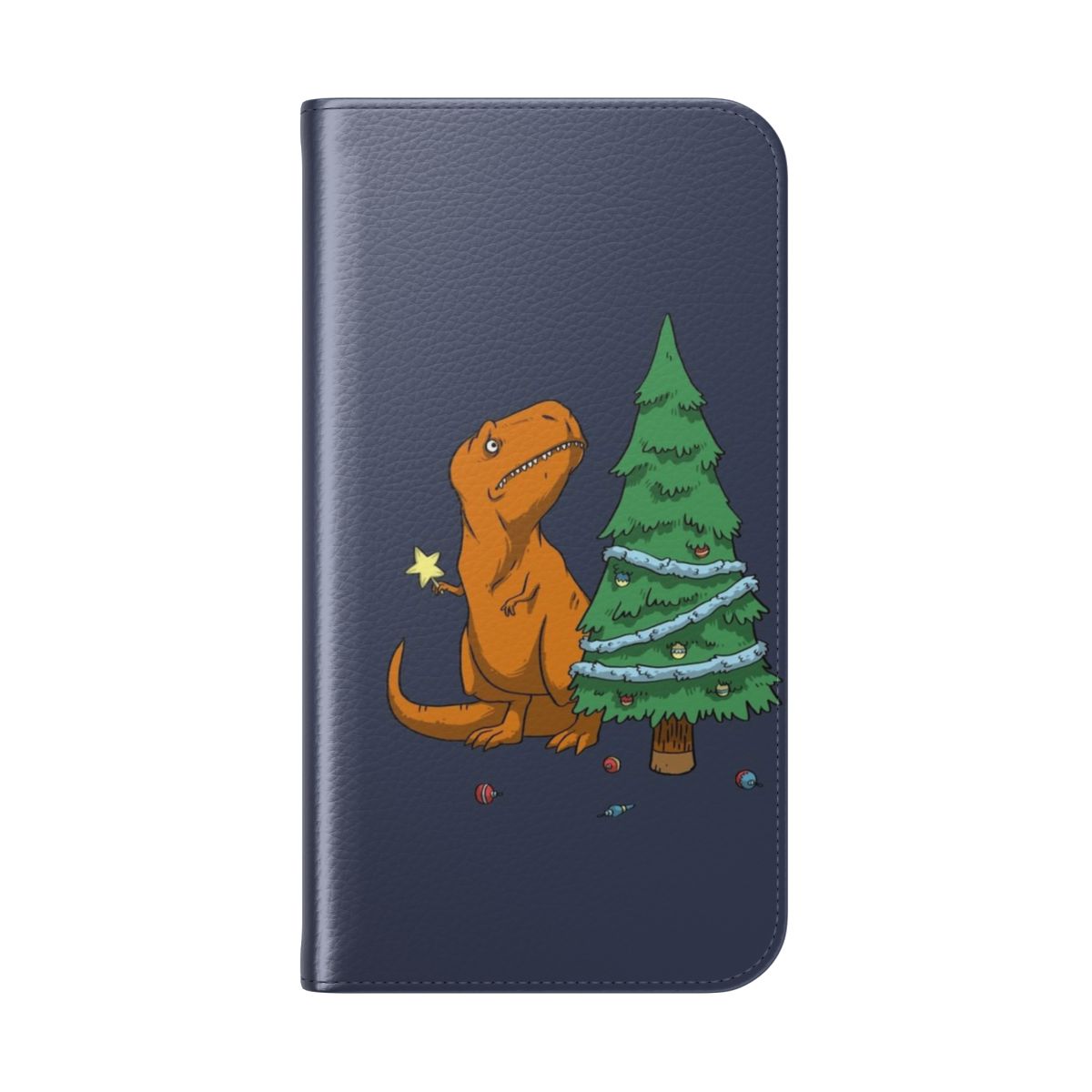 A colorful and humorous flip phone case featuring a cute t-rex dinosaur design - Folded Back