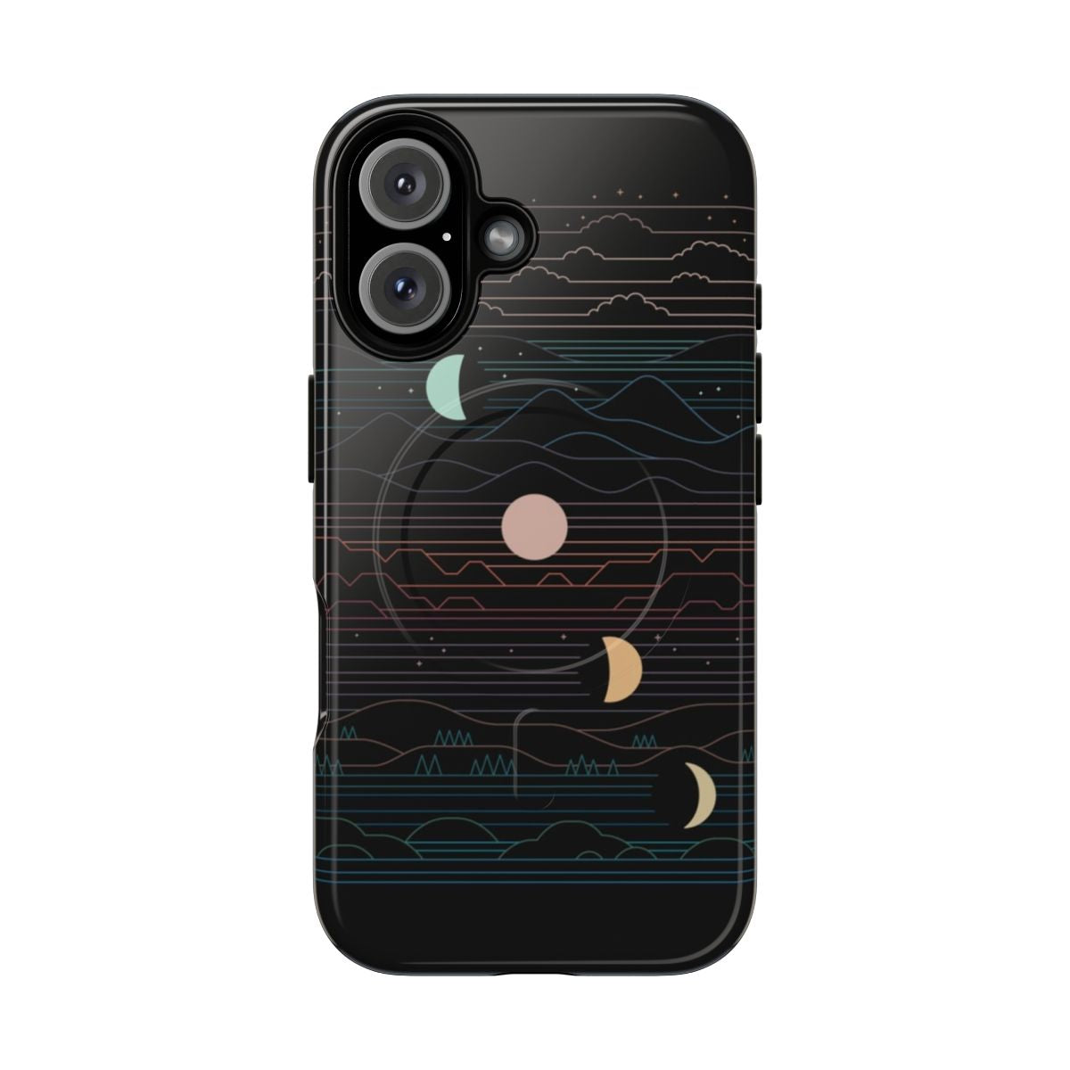 Magnetic tough phone case with a moon and nature landscape design