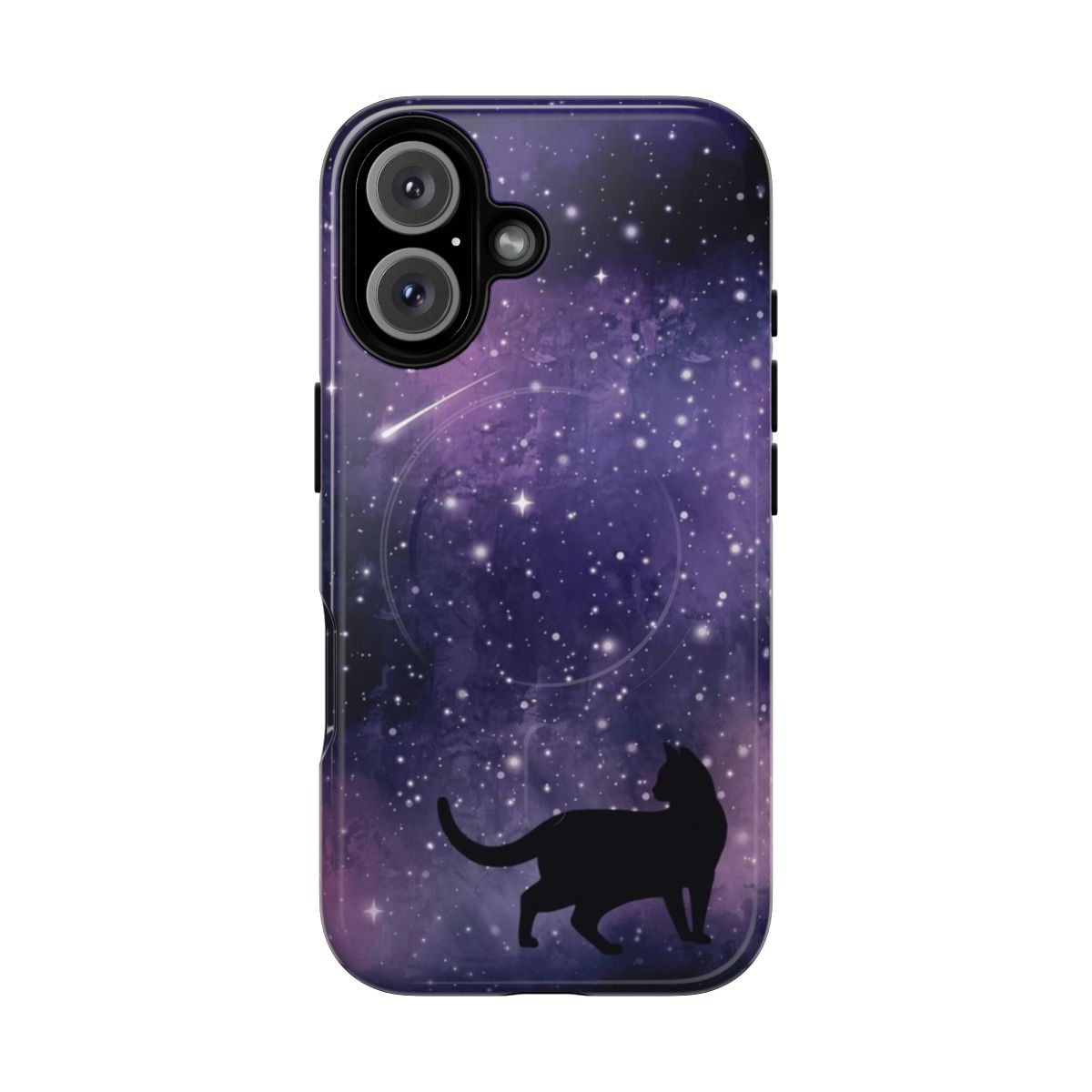 Black cat against a starry galaxy background on a phone case