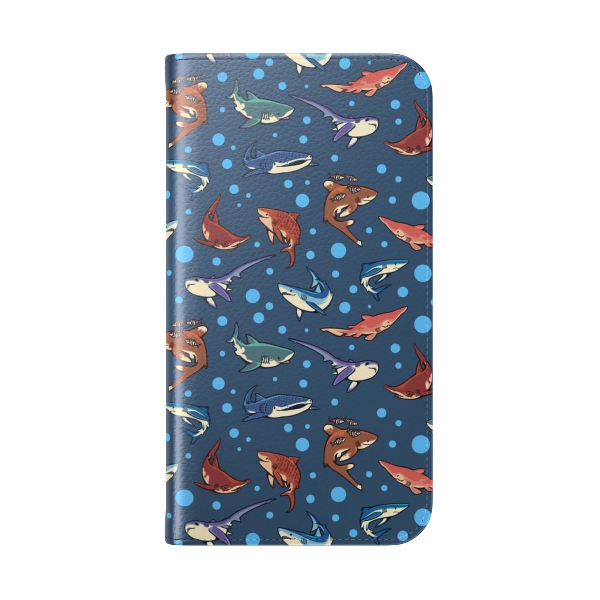 Sharks in the Deep Blue Phone Case, featuring various shark species swimming in a dark blue ocean pattern. - Folded Back