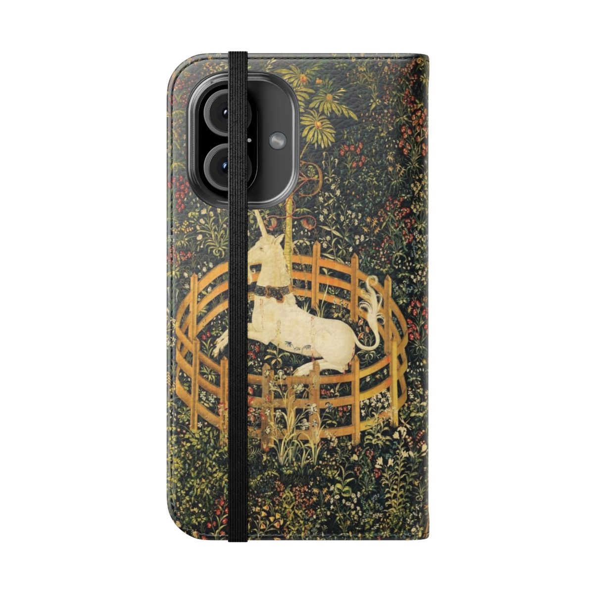 Flip phone case featuring a whimsical design with a mythical unicorn and elegant green floral motifs. - Folded Front