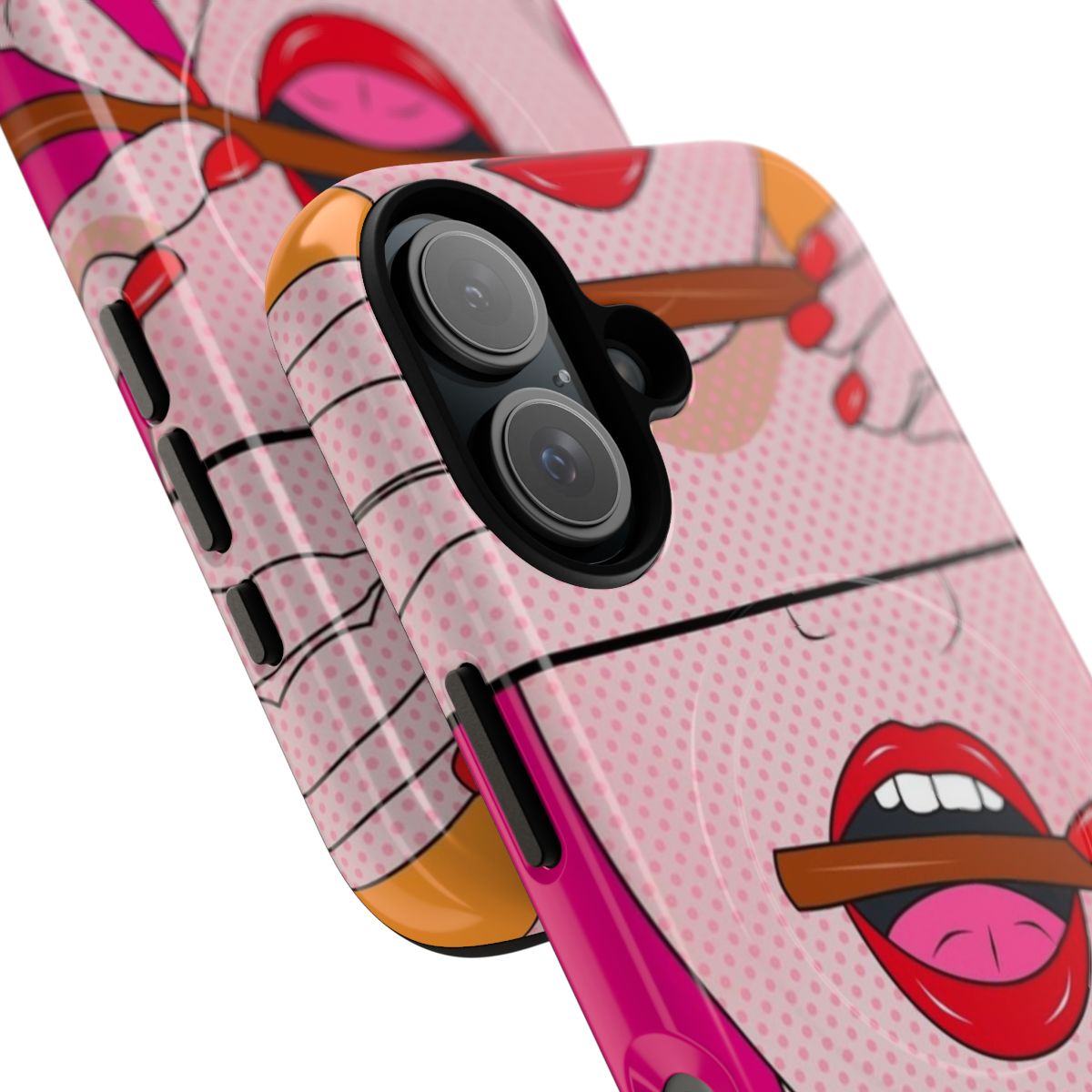 Colorful trippy illustration of a lady smoking a joint on a magnetic phone case - Detail