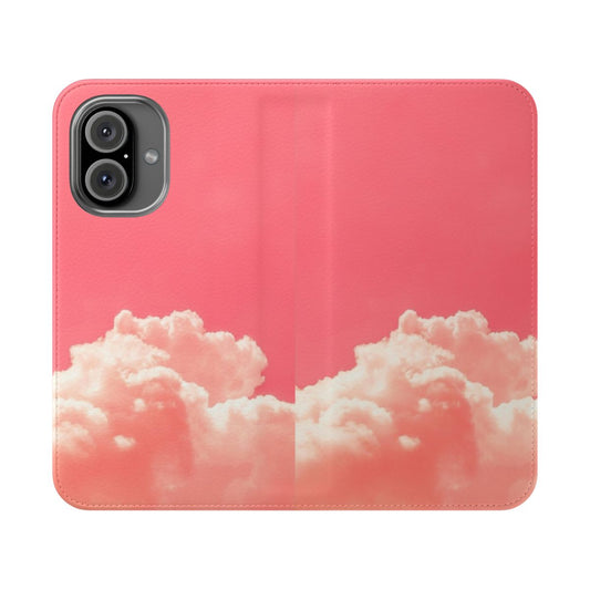 A pink and white flip phone case with a dreamy, nature-inspired design featuring clouds and a blue sky.