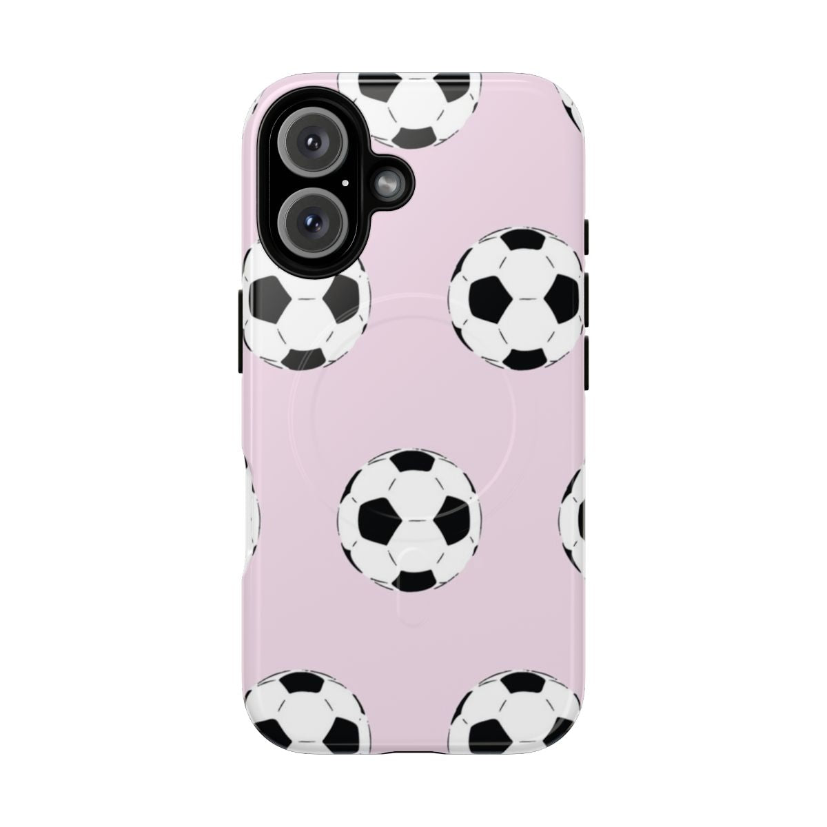 Vibrant pink phone case with a fun soccer ball design, perfect for soccer enthusiasts.