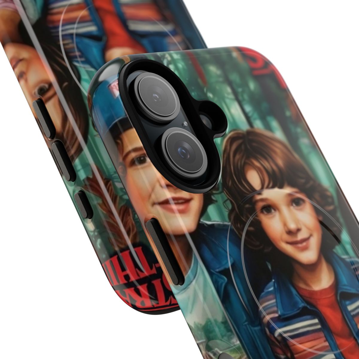 Retro 80s Stranger Things inspired magnetic tough phone case with characters and monsters from the Netflix series - Detail