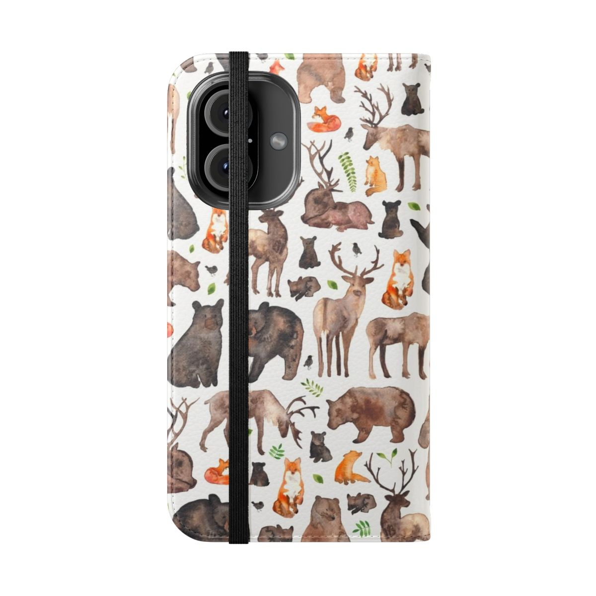 Watercolor illustration of woodland animals including fox, bear, and deer on a phone case cover - Folded Front