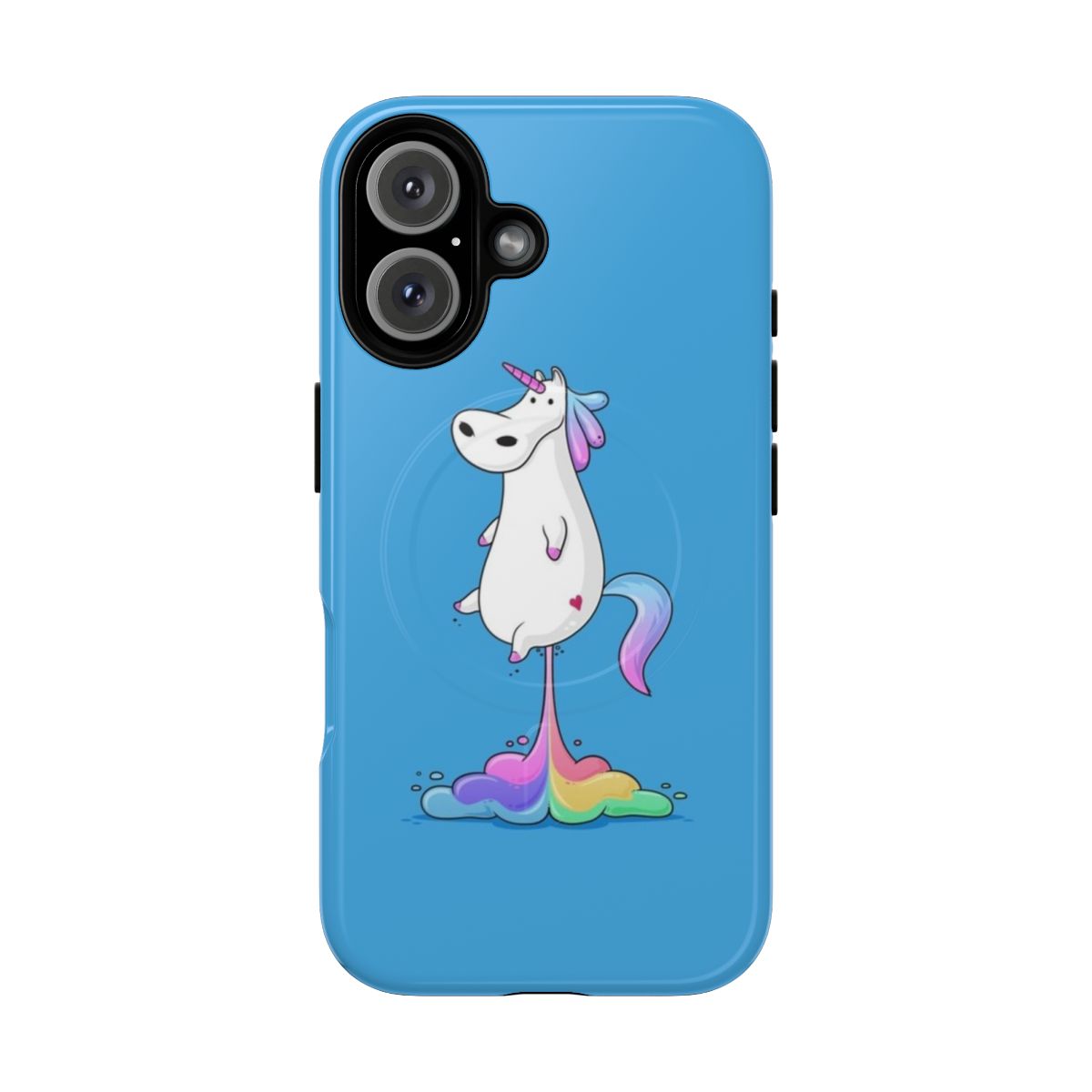 Colorful cartoon unicorn farting a rainbow, featured on a magnetic tough phone case.