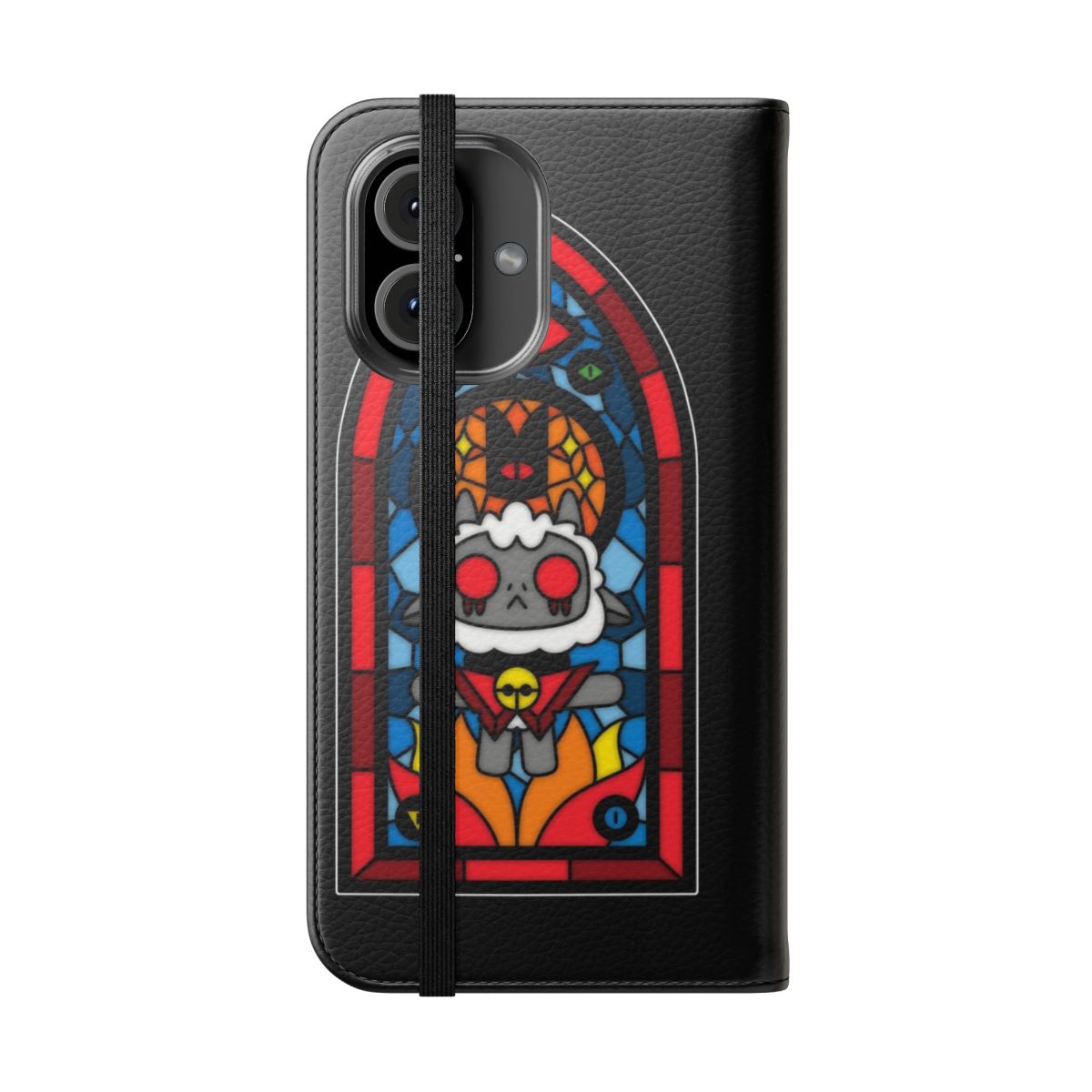 A flip phone case featuring a stained glass-style design with a cute lamb illustration. - Folded Front