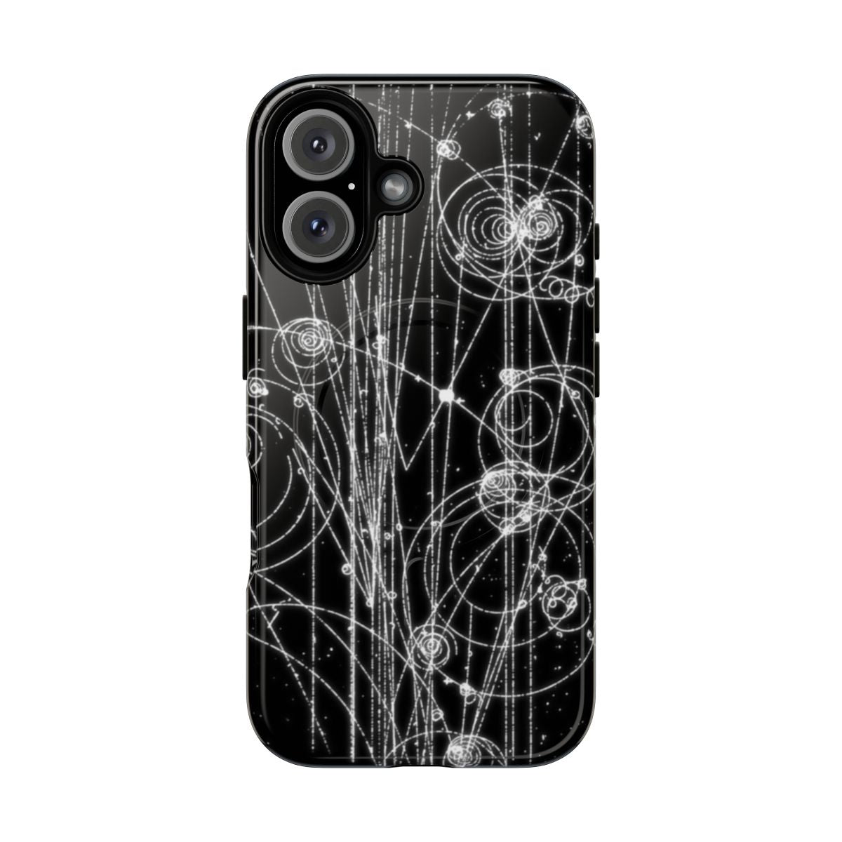 Particle tracks (dark) design on a durable, magnetic tough phone case