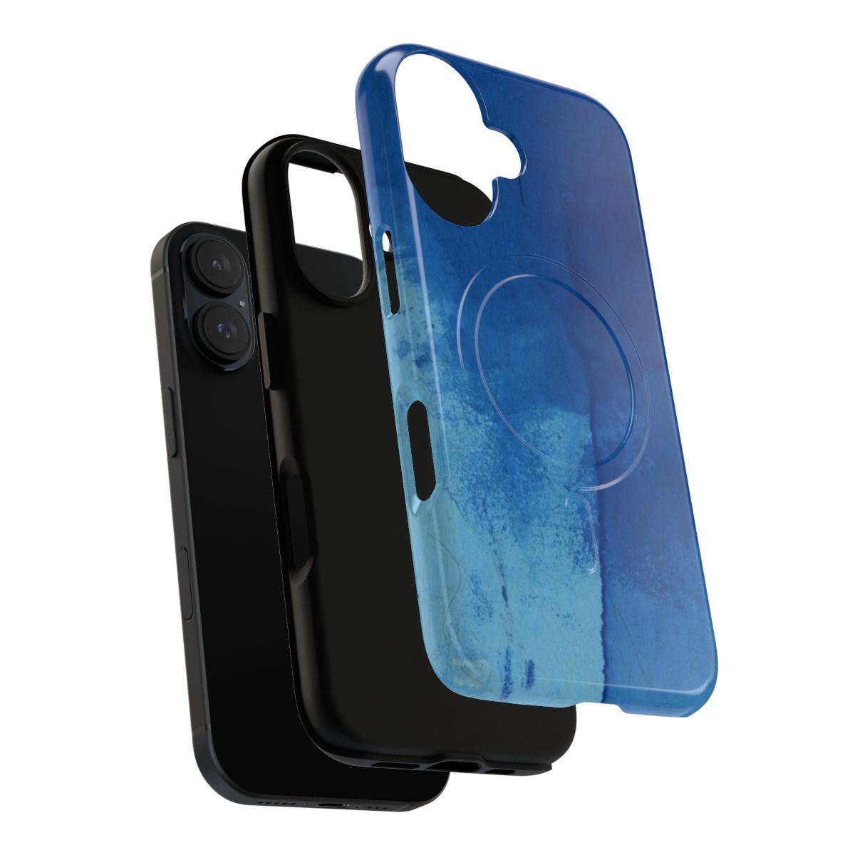 A phone case featuring a striking abstract design of a blue ink spill on a textured substrate. - Layers