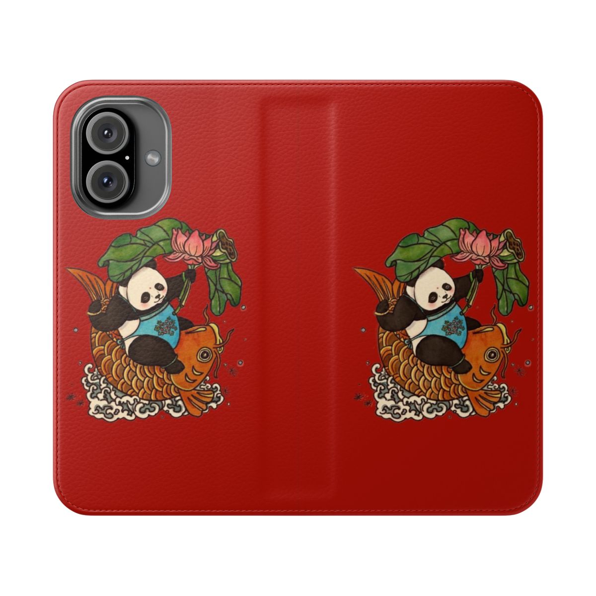 Flip cover phone case with hand-drawn panda, koi, and floral designs in an Asian-inspired style.