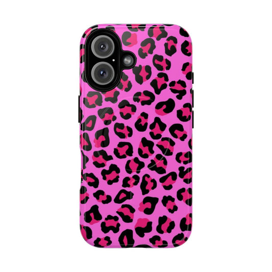 Neon pink leopard spots pattern on a durable, magnetic phone case